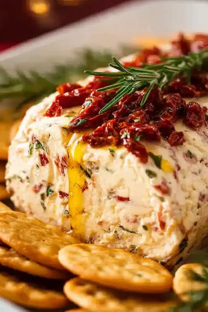 Italian cheese log close-up with sun dried tomatoes, rosemary, and golden crackers