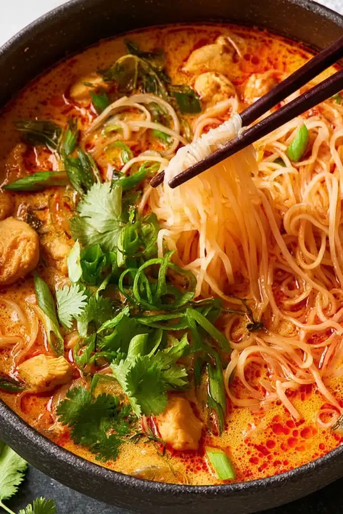 Close-up of Thai red curry noodle soup with lifted noodles and fresh herbs