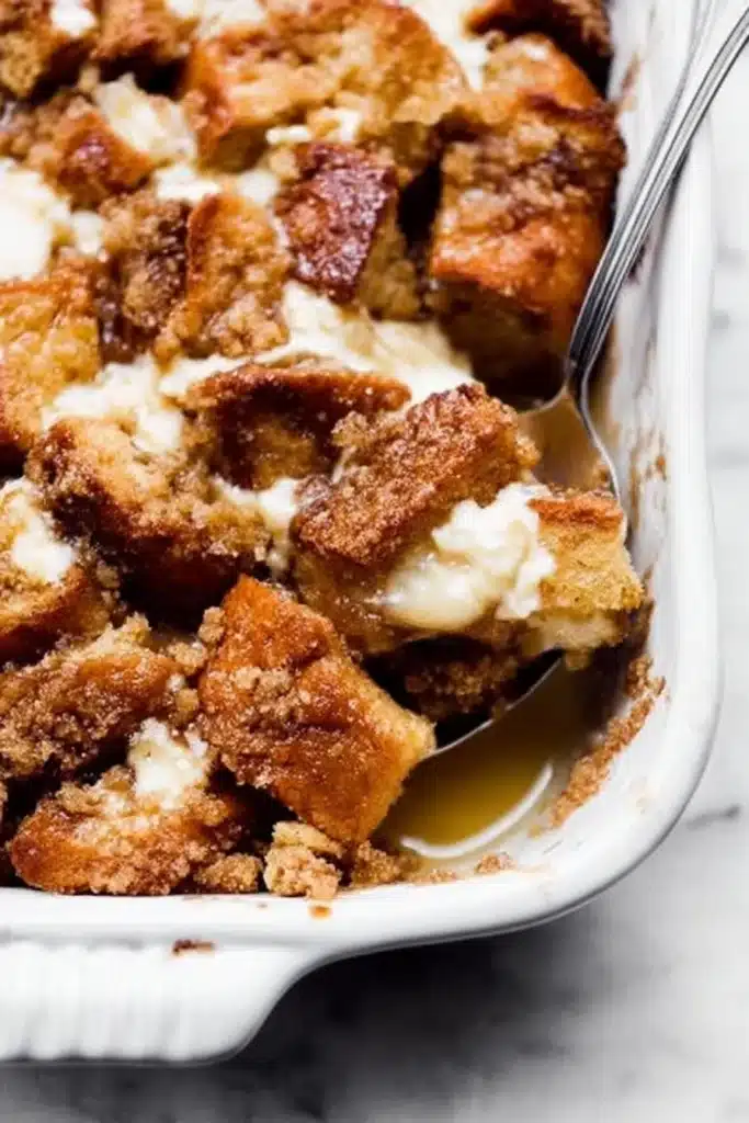 Close-up of baked cream cheese French toast casserole with spoon in white dish