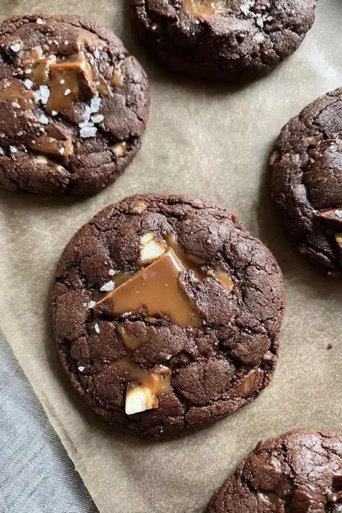 Baked Chocolate Caramel Cookies with gooey caramel and chocolate chunks