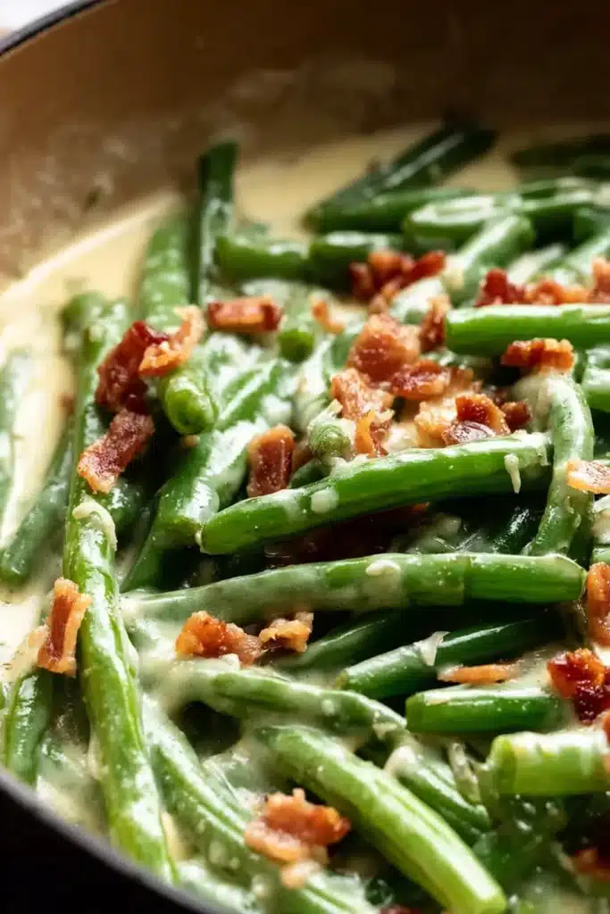 Green Beans in Creamy Parmesan Sauce – Easy & Comforting 7 Green Beans in Creamy Parmesan Sauce close-up with crispy bacon