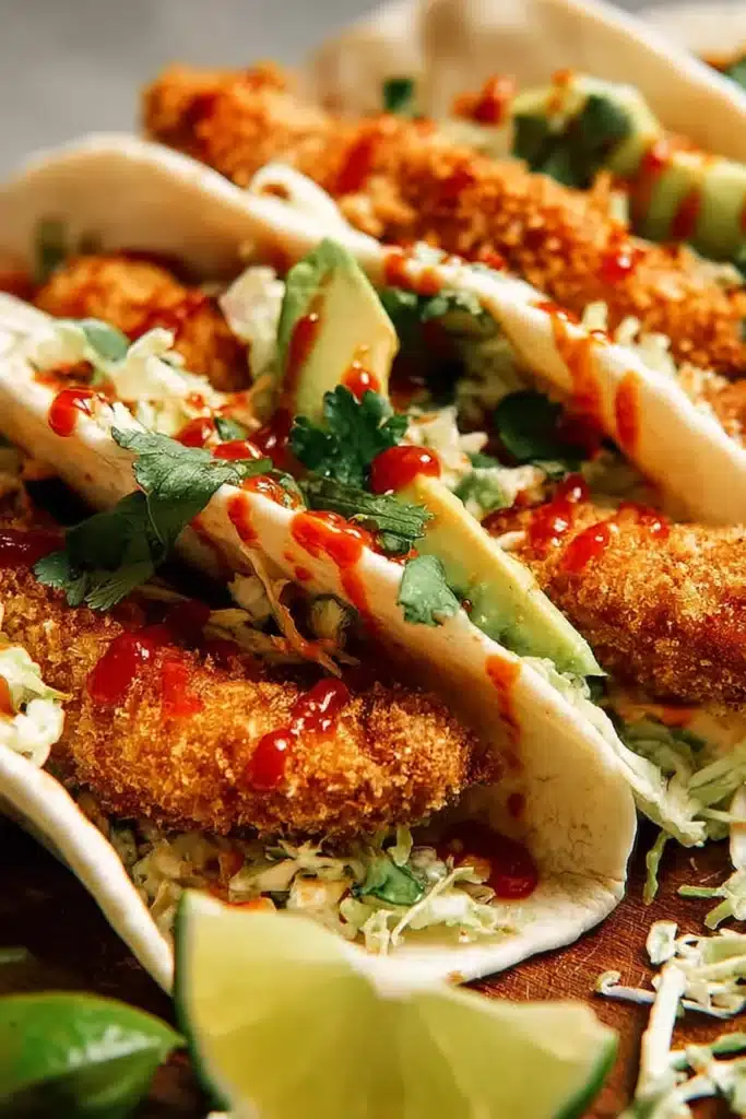 Close-up of crunchy chicken taco fingers in tortillas with slaw and avocado