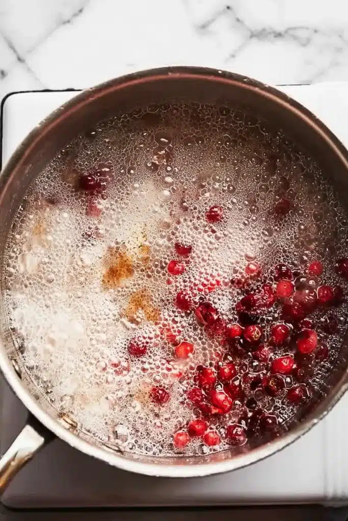 Boiling pearl couscous with cranberries in a pot for broccoli crunch salad