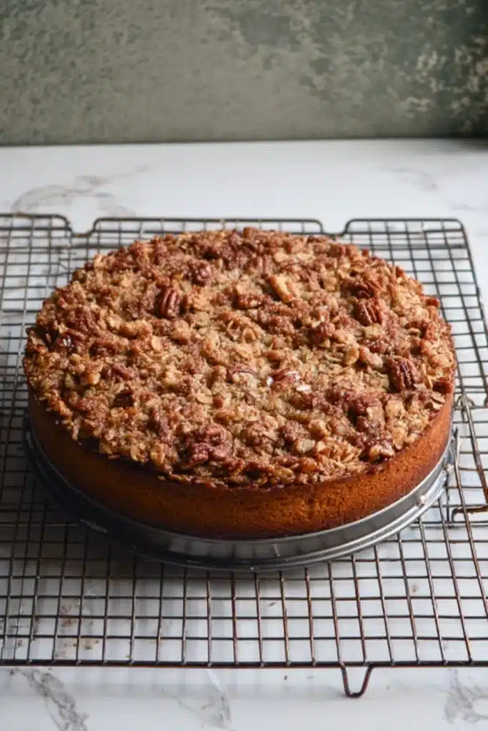 Pumpkin pecan streusel torte with ring removed after cooling