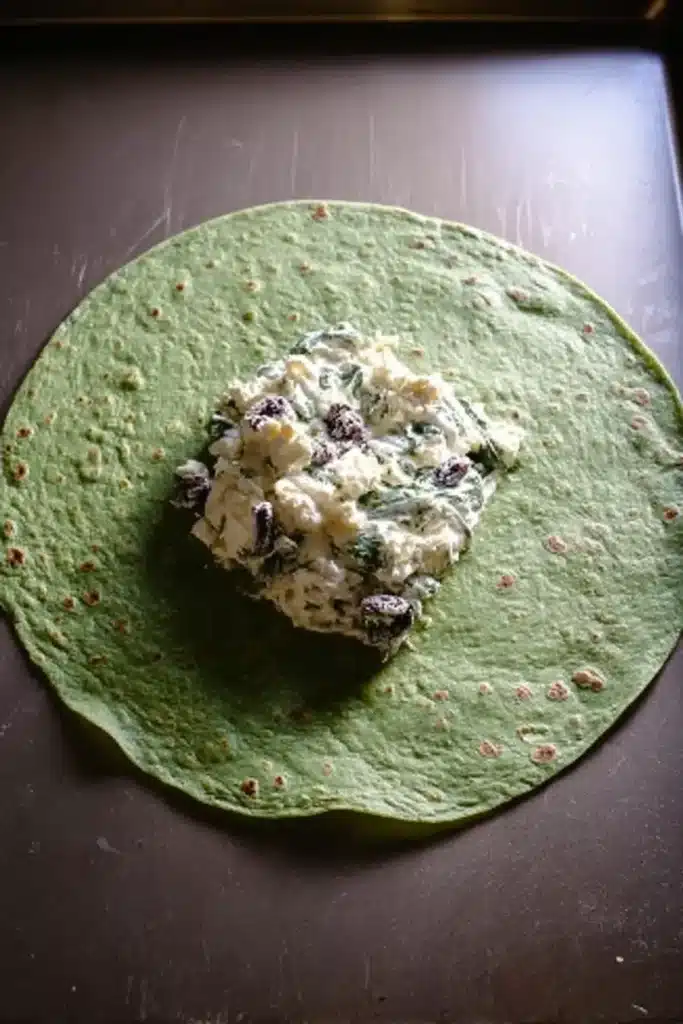 Spinach tortilla with cranberry and feta filling ready to roll