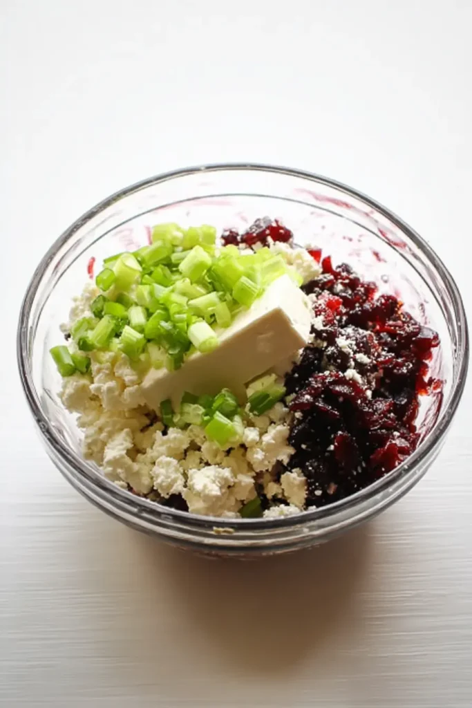Cranberry and feta pinwheel ingredients in a glass bowl