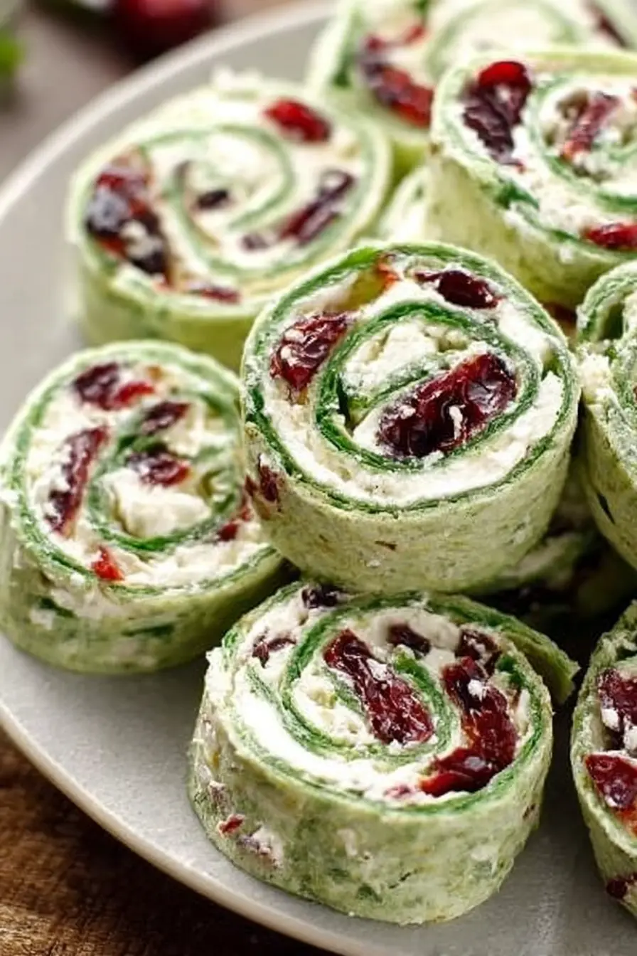 Cranberry and feta pinwheels with spinach tortillas on a serving plate