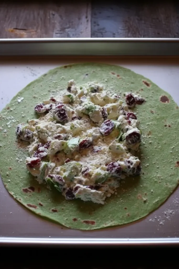 Spinach tortilla spread with cranberry and feta filling, ready to roll