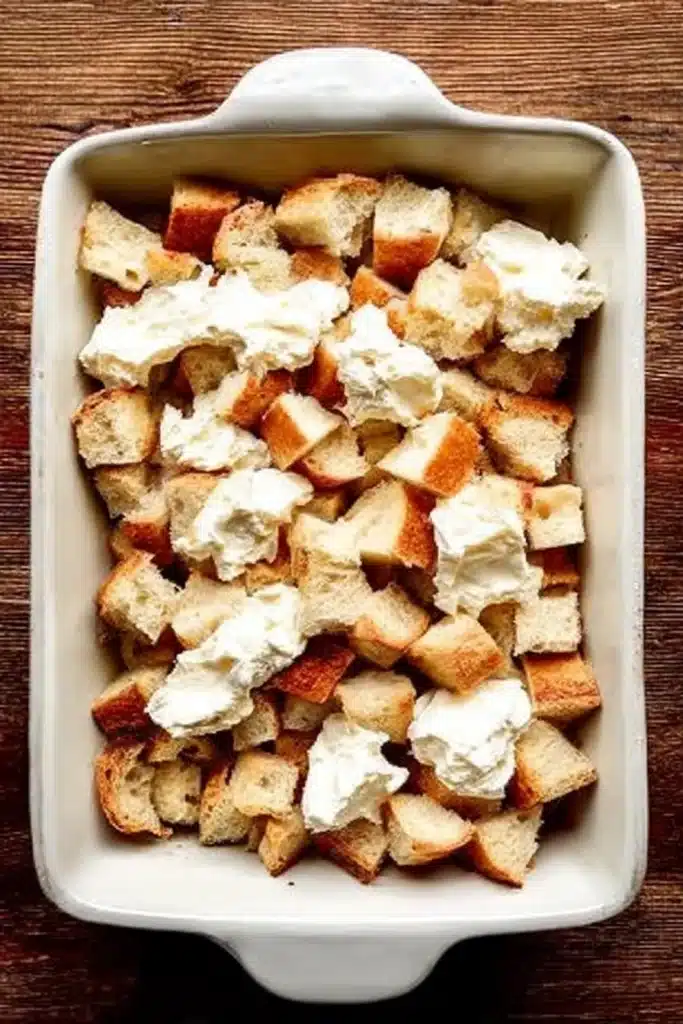 Cream cheese layered over cubed bread in French toast casserole