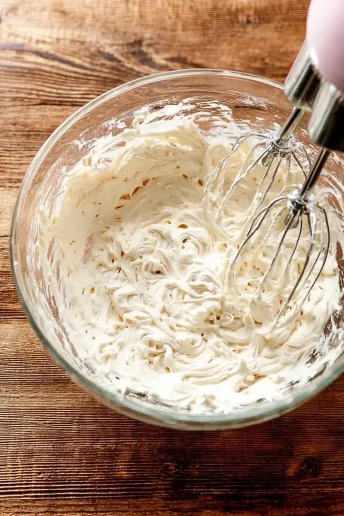 Whipped cream cheese filling for baked French toast casserole in glass bowl