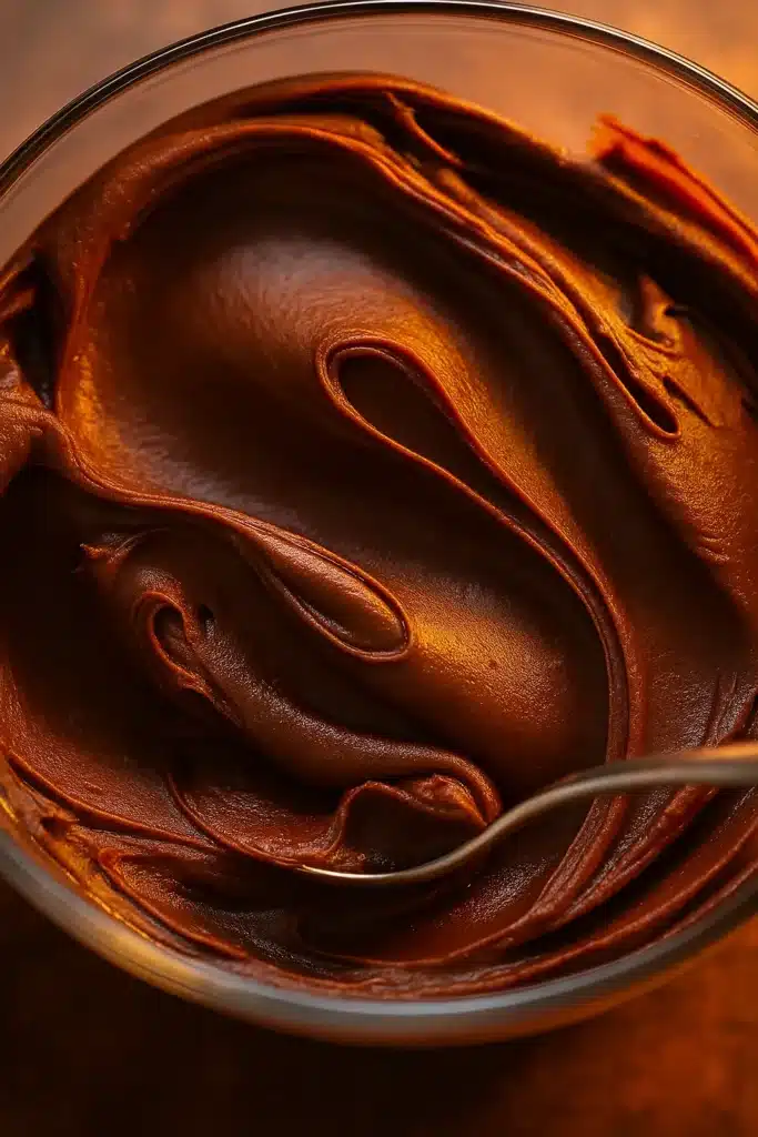 Smooth chocolate ganache frosting swirled in a glass bowl
