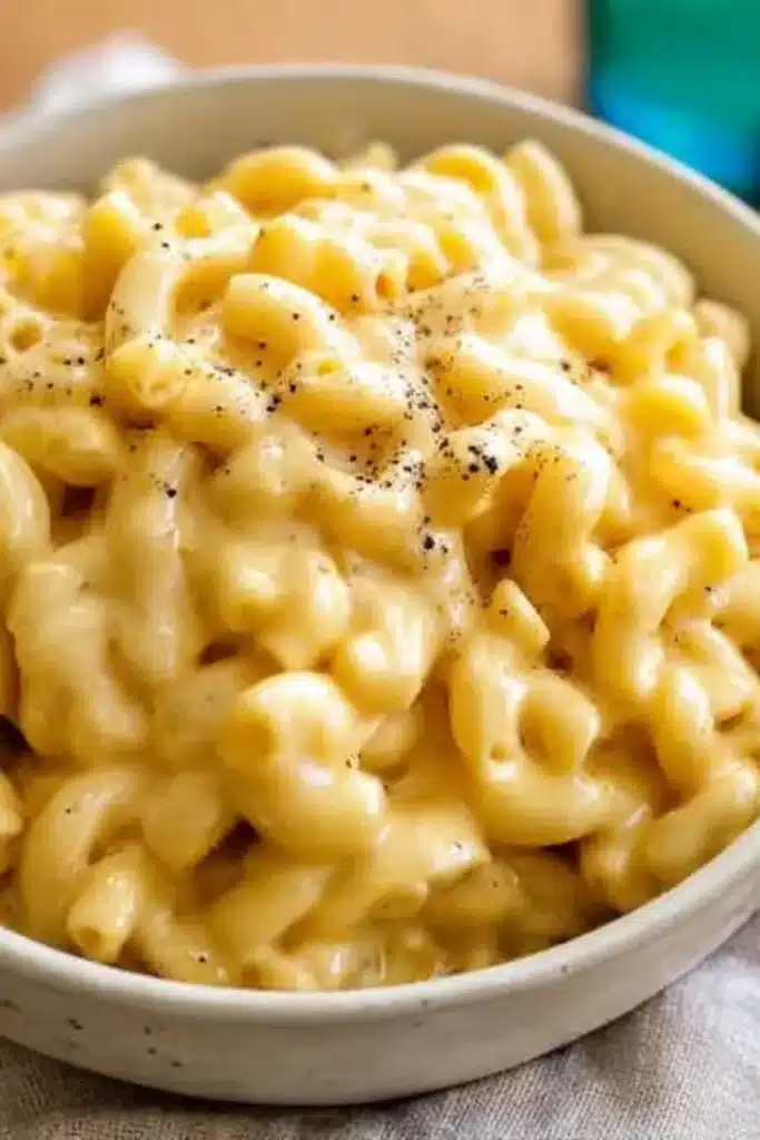 Bowl of creamy crockpot mac and cheese topped with black pepper