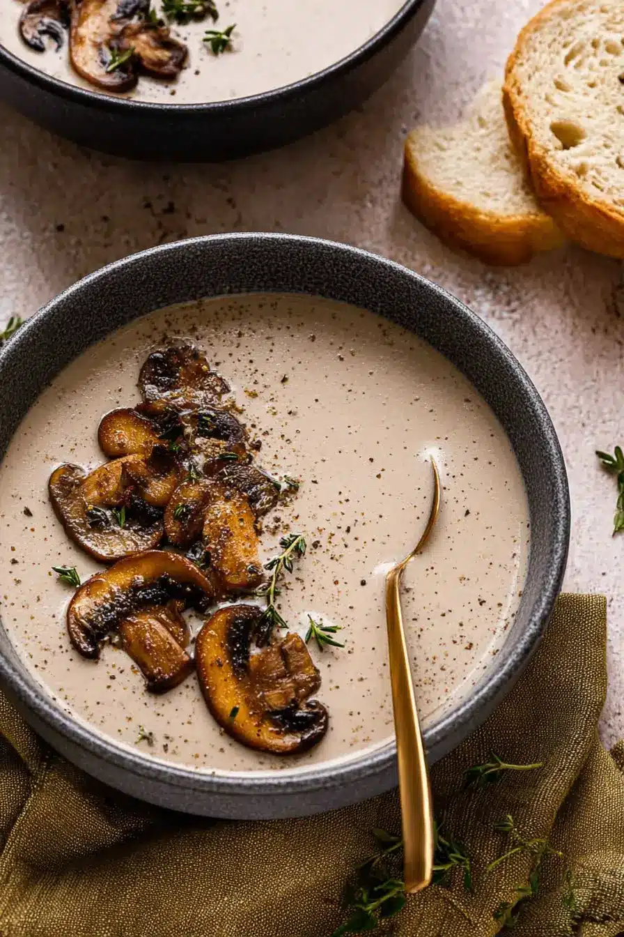 Creamy mushroom bisque topped with sautéed mushrooms and fresh thyme in a rustic bowl