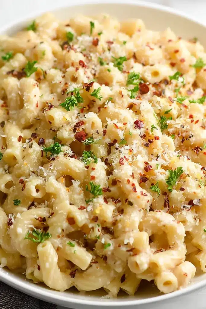 One-Pan Butter Parmesan Pasta close-up with parsley and chili flakes