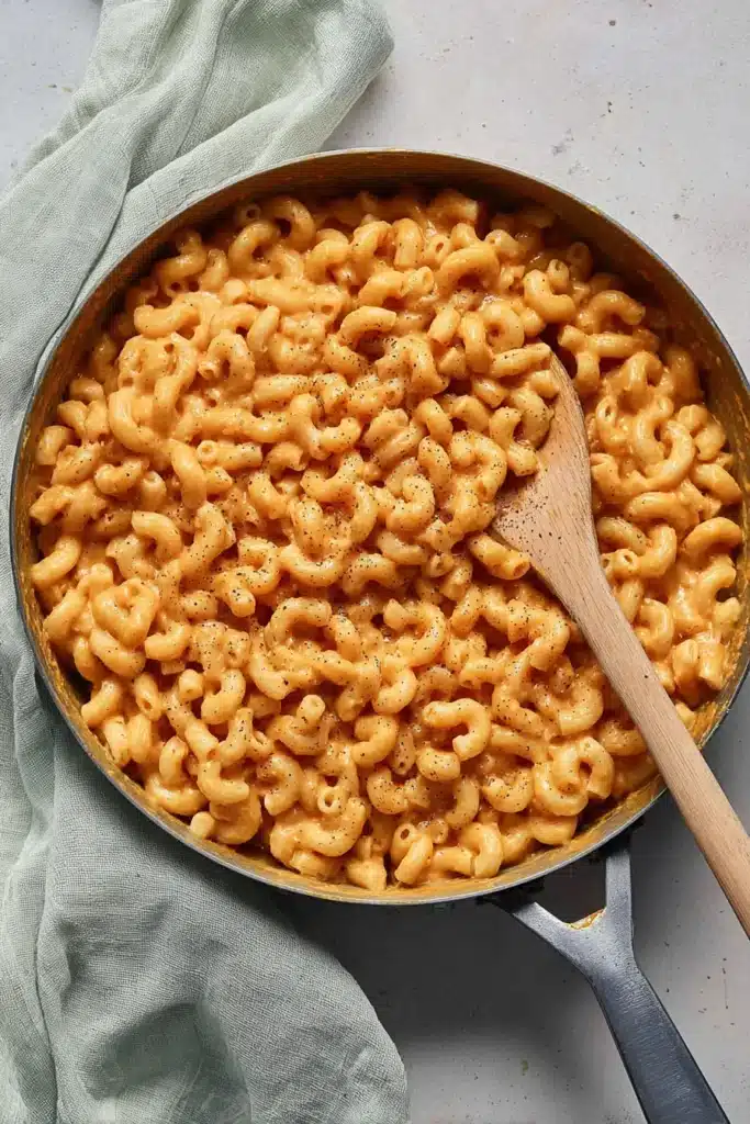 Creamy pumpkin pasta in skillet with wooden spoon
