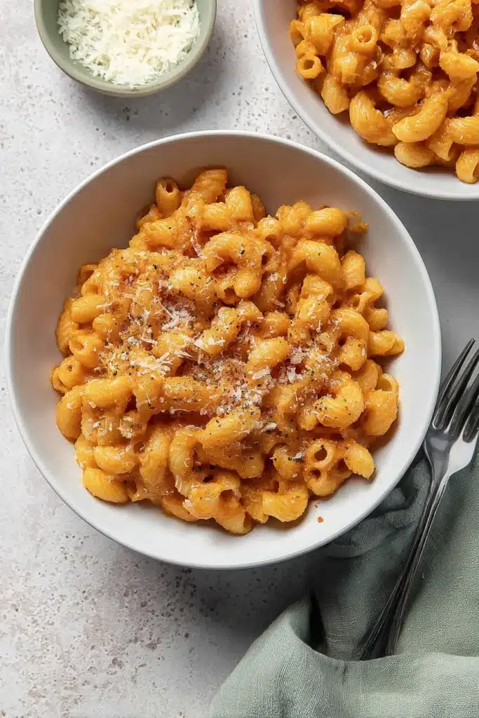 Creamy Pumpkin Pasta | Quick & Delicious Comfort 8 Creamy pumpkin pasta in white bowl with parmesan