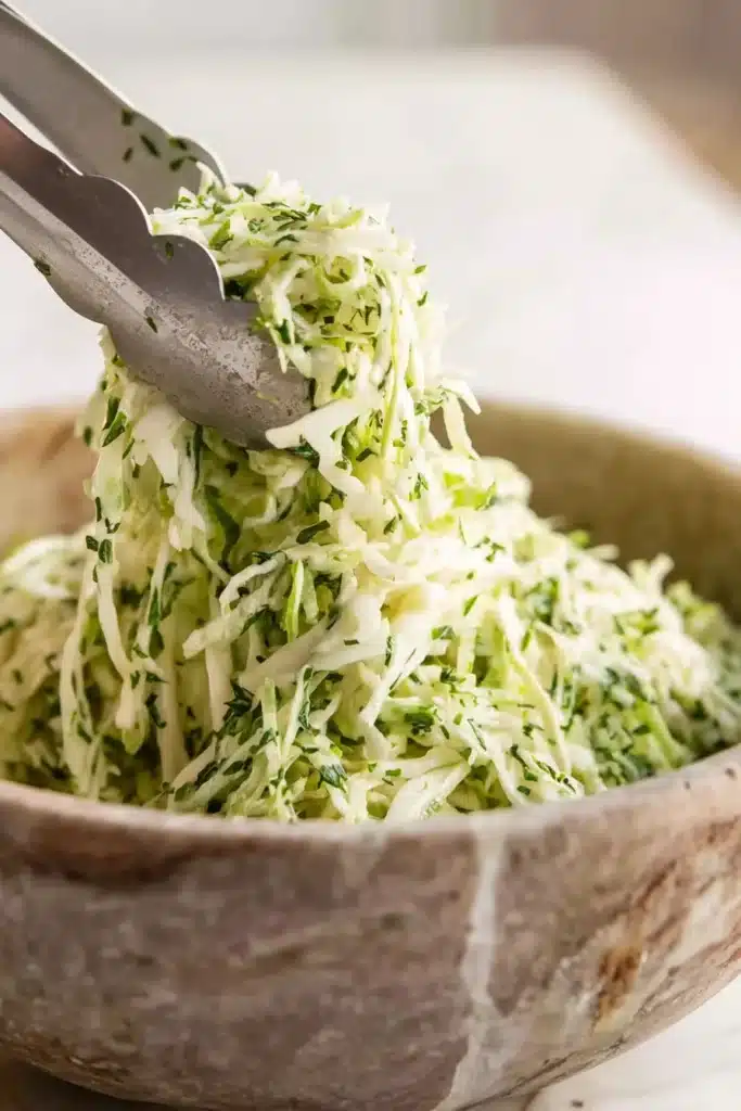 Creamy taco slaw with shredded cabbage and herbs lifted with tongs