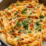 Creamy sun-dried tomato vegan pasta with herbs in a skillet
