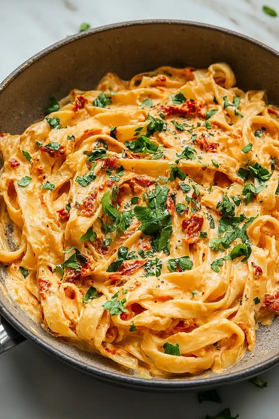 Creamy sun-dried tomato vegan pasta with herbs in a skillet