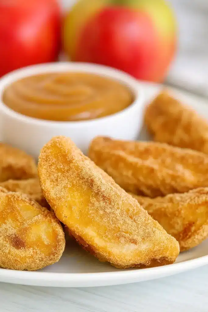 Cinnamon sugar air fryer apple fries with caramel dip on a white plate