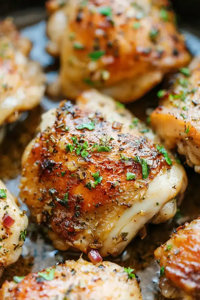 Close-up of crispy garlic brown sugar chicken thigh in skillet