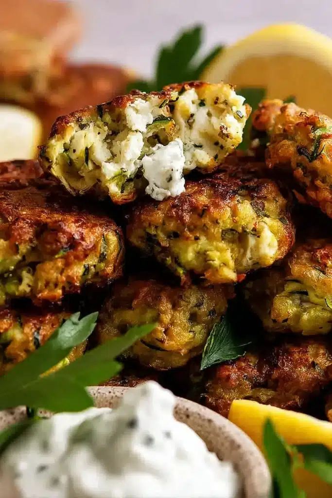 Greek Zucchini Tots | Amazing Crispy Bites 15 Close-up of crispy Greek zucchini tots with feta filling and dip