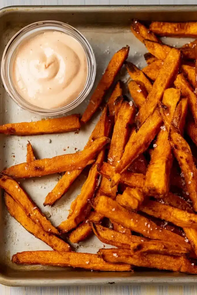 Crispy oven baked sweet potato fries with chipotle dip on a rustic tray
