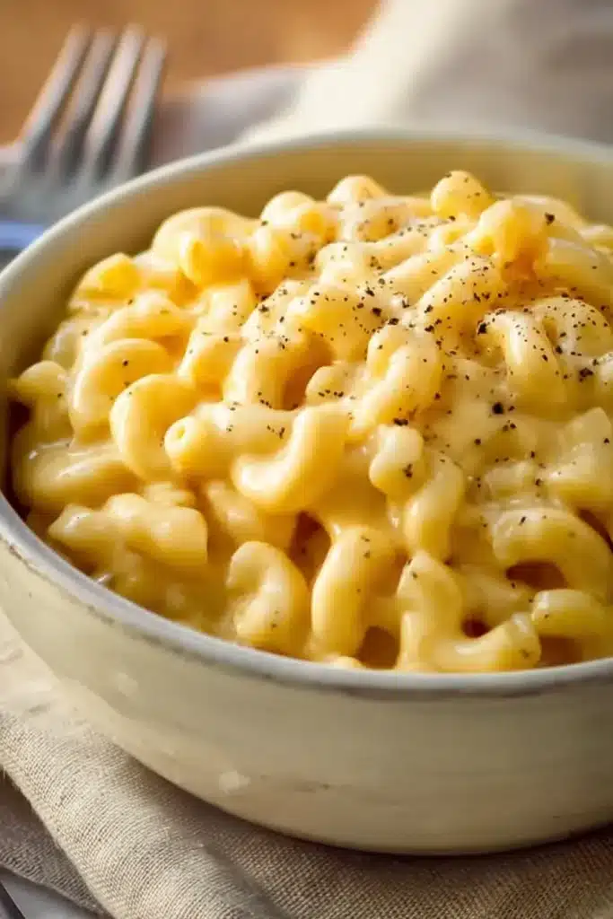 Creamy crockpot mac and cheese in a rustic bowl with black pepper on top