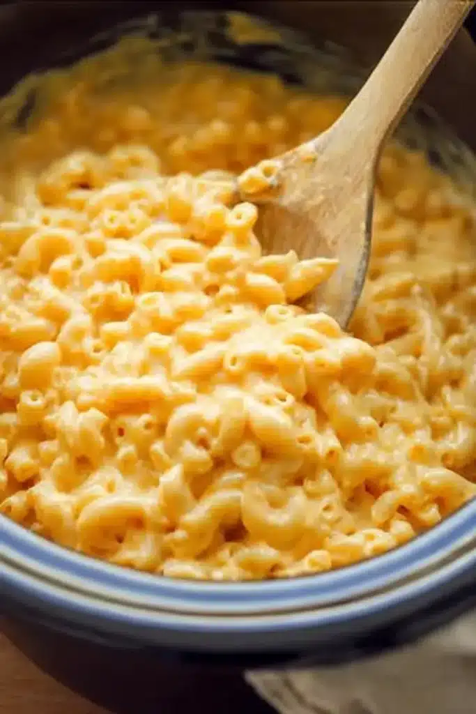 Crockpot mac and cheese being stirred with a wooden spoon in a pot