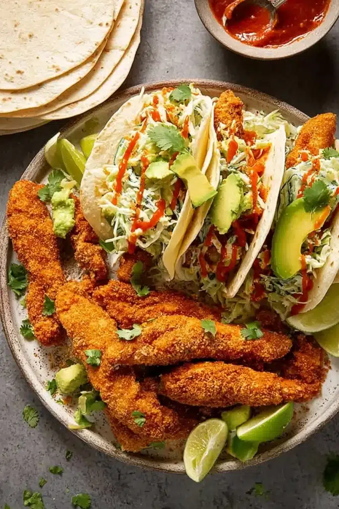Crunchy chicken taco fingers with tortillas, avocado, and taco toppings on a serving platter