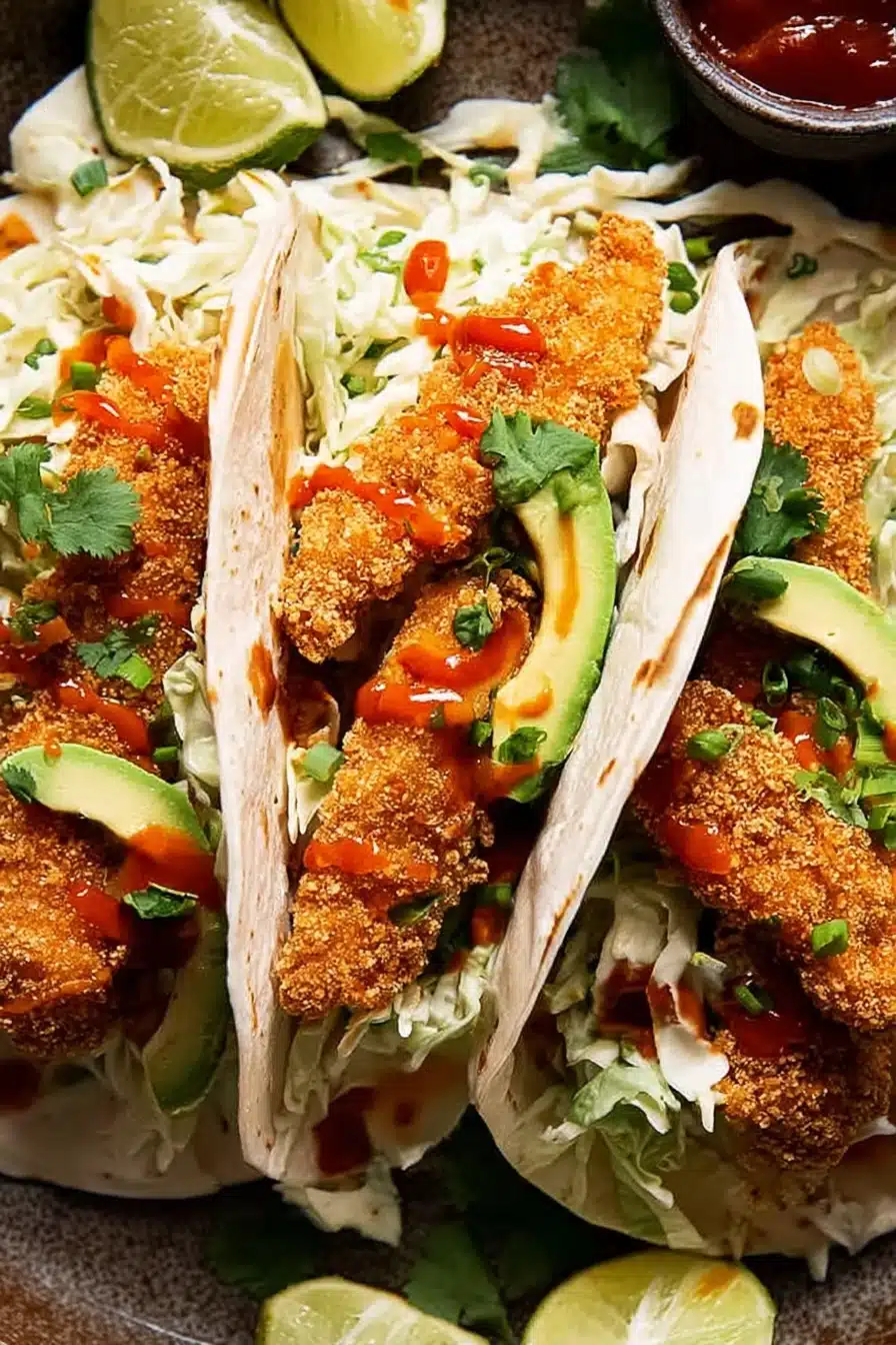 Crunchy chicken taco fingers in tortillas with slaw, avocado, and sriracha