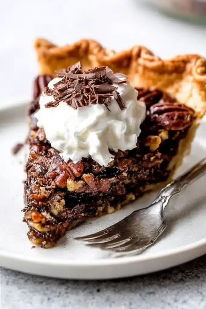 Slice of dark chocolate pecan pie with whipped cream and chocolate curls on a plate