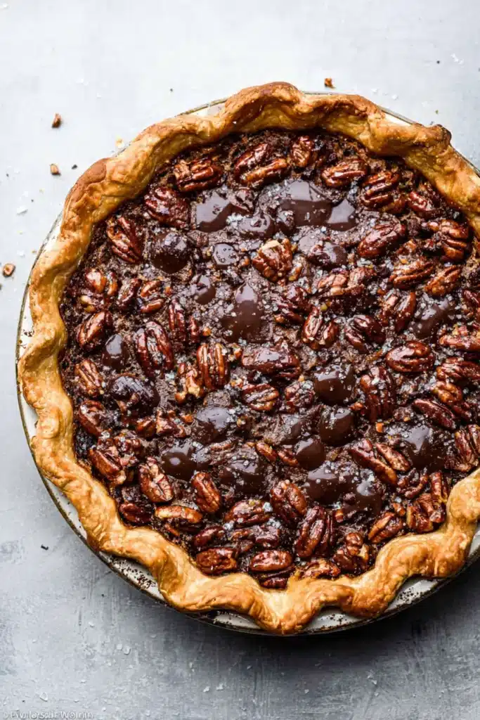 Whole dark chocolate pecan pie with golden crust and melted chocolate chips