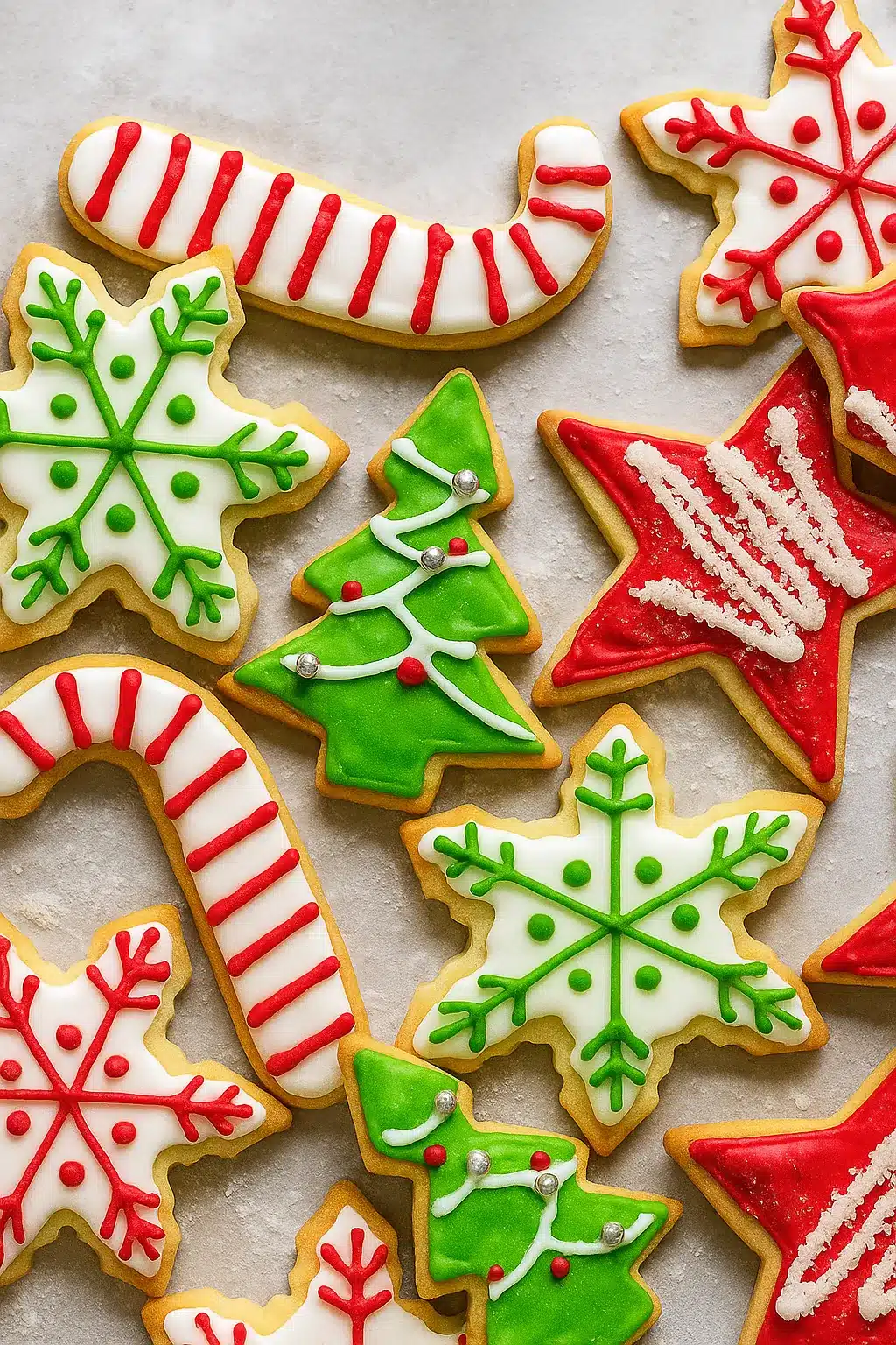 Decorated Christmas cookies with red, green, and white icing on a festive background