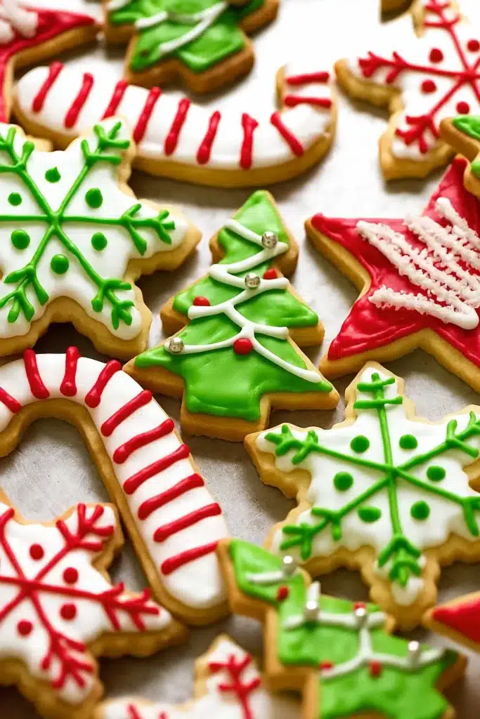 Colorful decorated Christmas cookies on white table