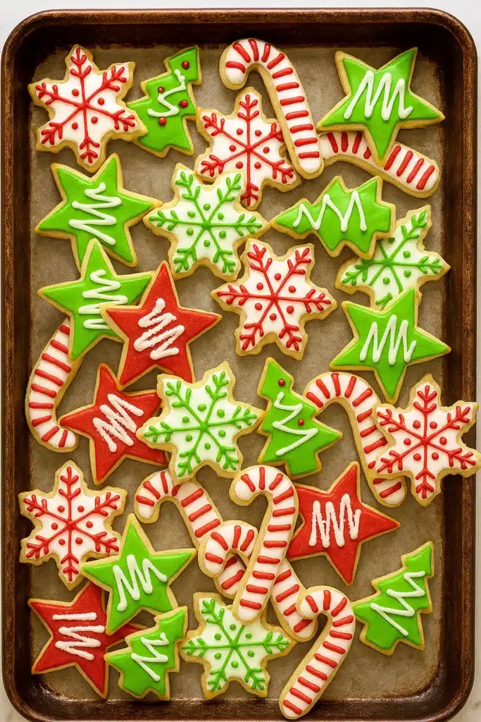 Tray of decorated Christmas cookies with icing in red, green, and white