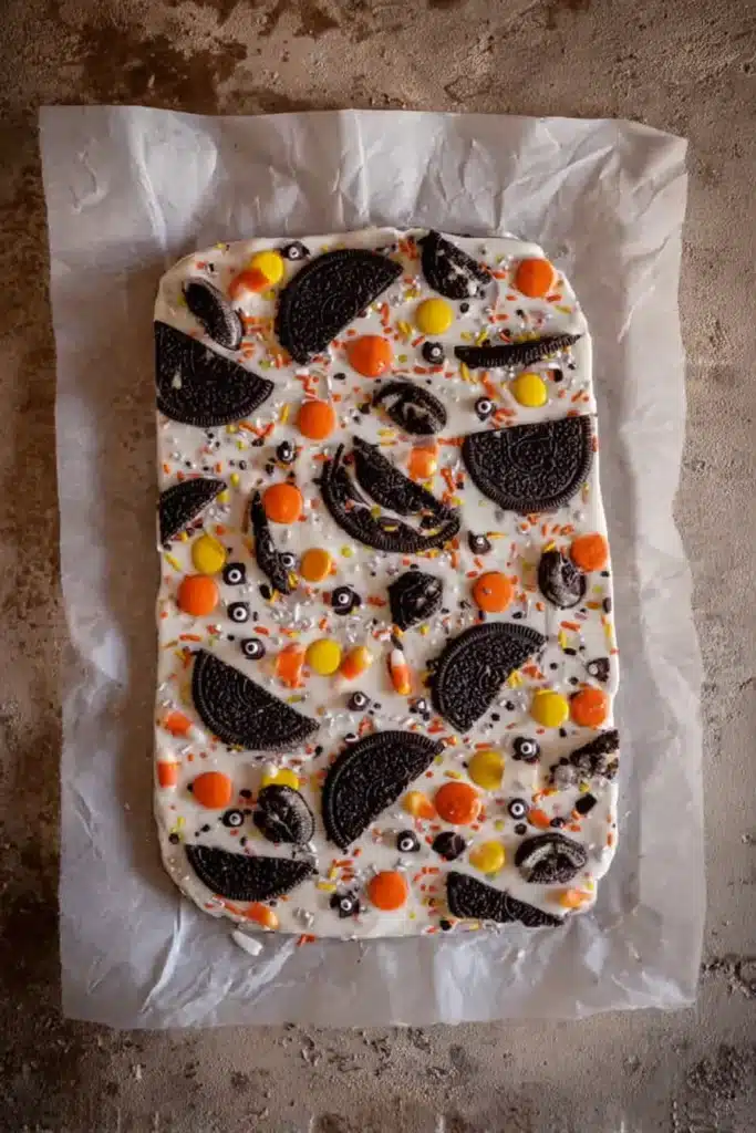 Easy White Chocolate Halloween Bark – Quick & Spooky Treat 8 Easy White Chocolate Halloween Oreo Bark decorated with candy and cookies