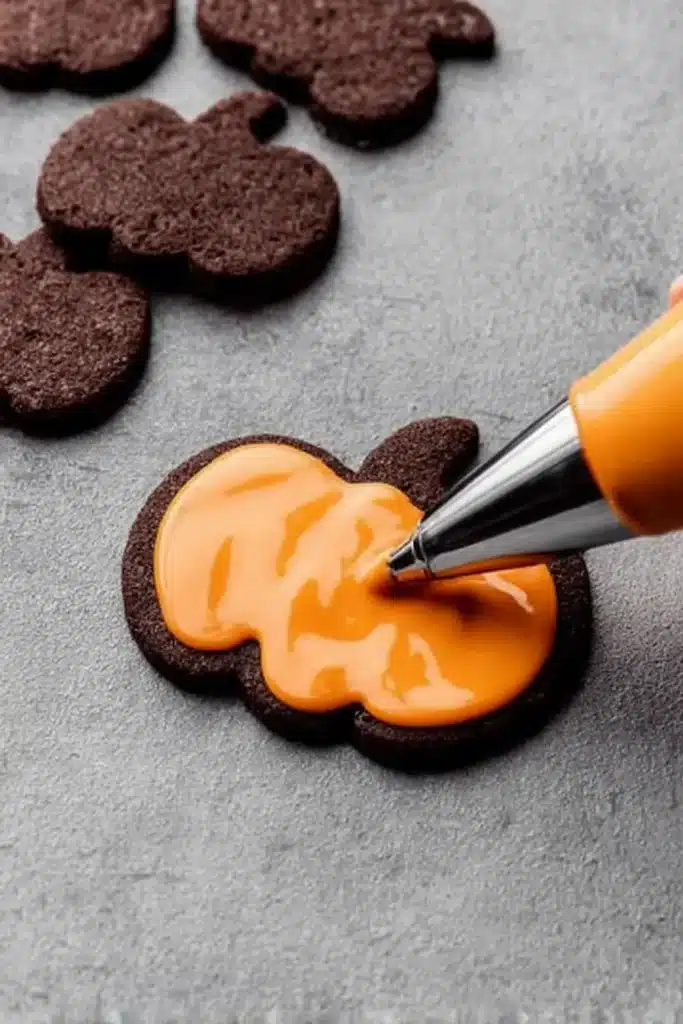 Piping orange icing onto a chocolate pumpkin cookie