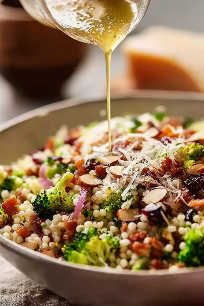 Pouring vinaigrette onto broccoli pearl crunch salad with parmesan