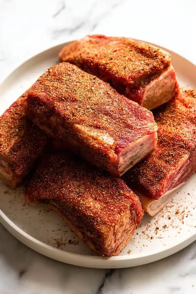 Beef short ribs coated in BBQ dry rub on a white plate