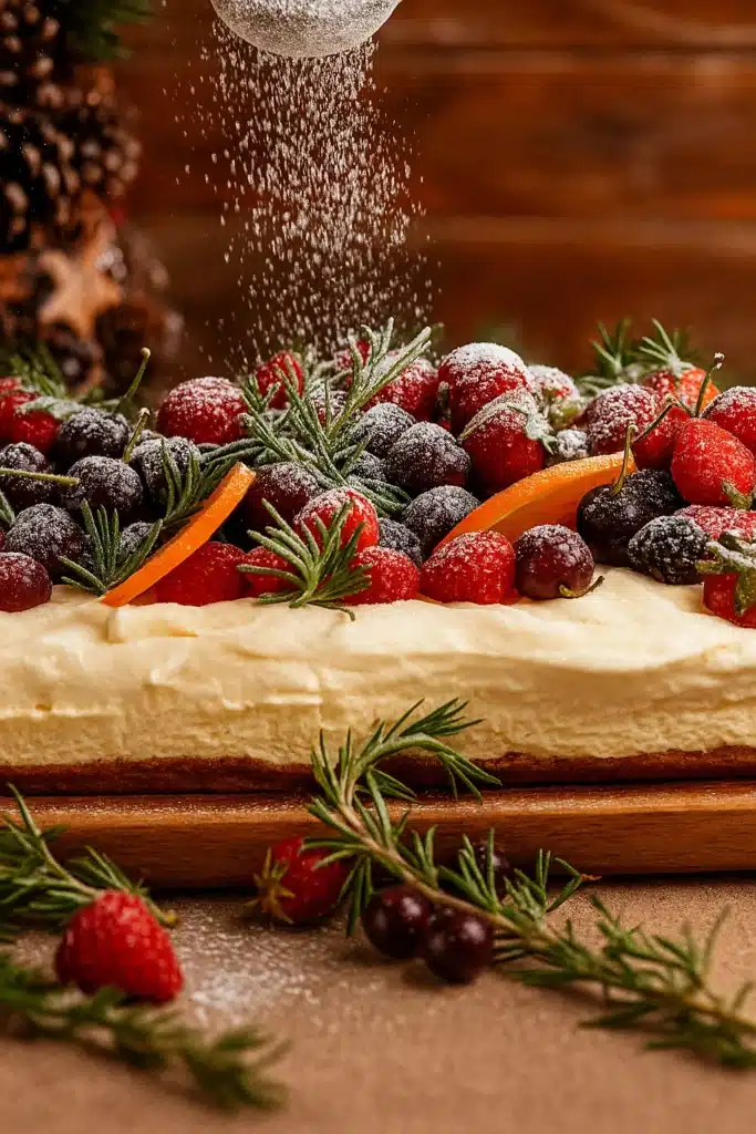 Easy Christmas cheesecake slab being dusted with powdered sugar