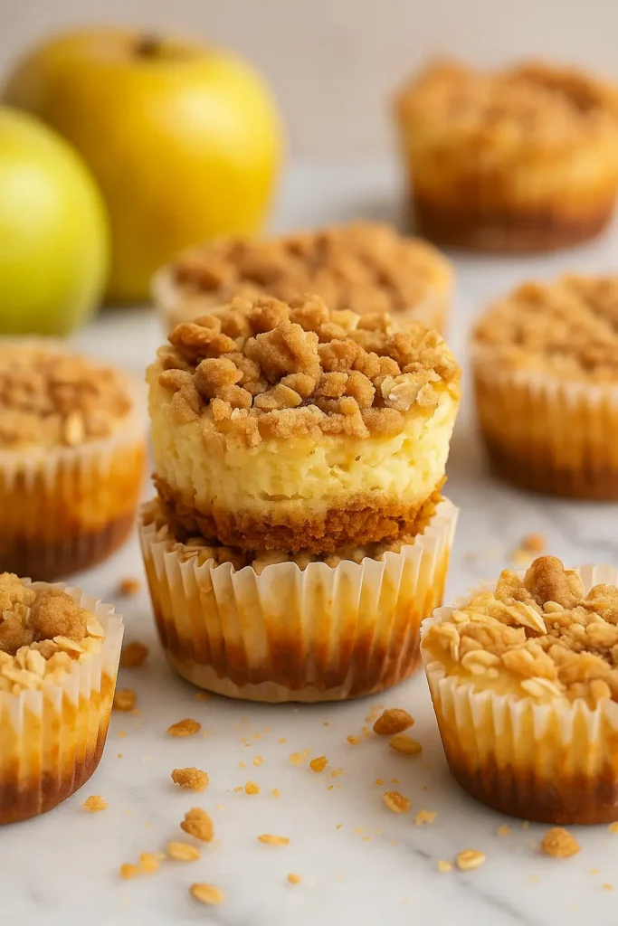 Easy Apple Crisp Mini Cheesecakes with graham crust and oat crumble, stacked with apples in background