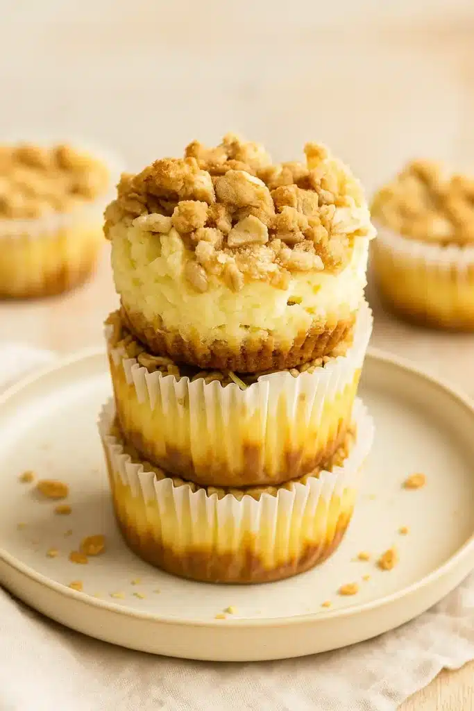 Mini apple crisp cheesecakes with oat crumble topping and graham crust in white liners