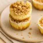 Easy Apple Crisp Mini Cheesecakes stacked with oat crumble topping in paper liners