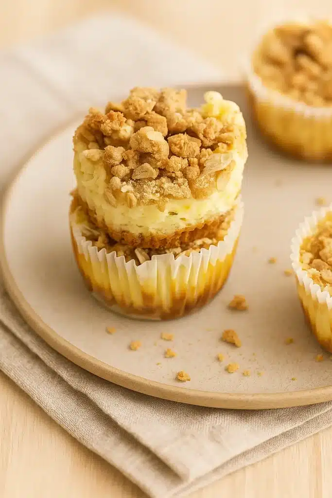 Easy Apple Crisp Mini Cheesecakes stacked with oat crumble topping in paper liners