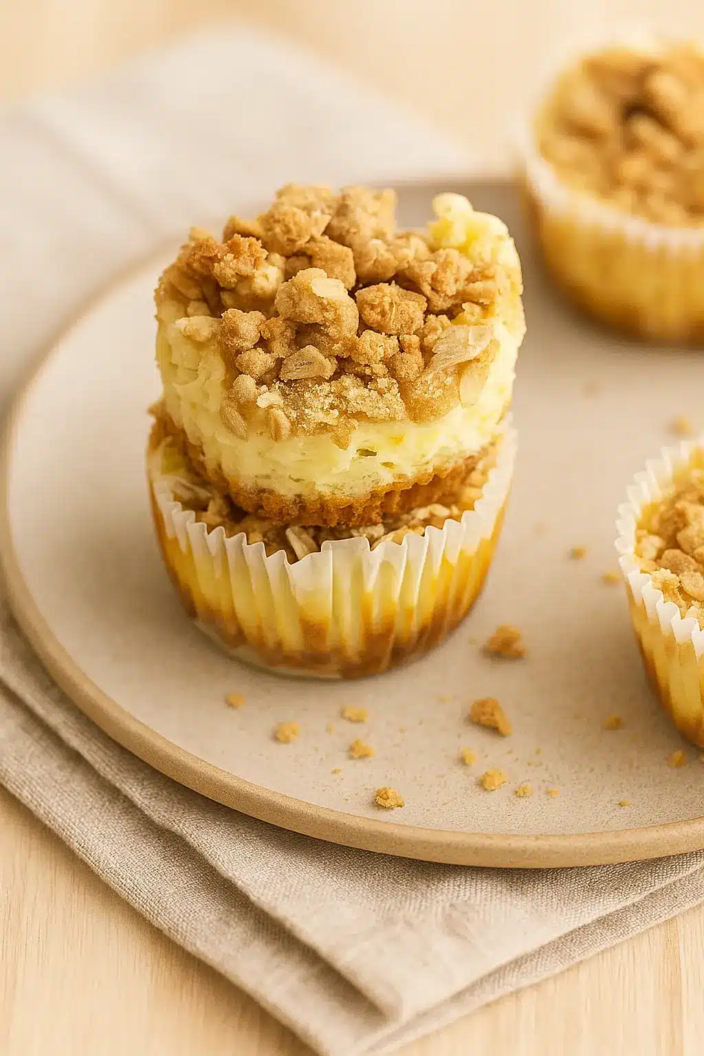 Easy Apple Crisp Mini Cheesecakes stacked with oat crumble topping in paper liners