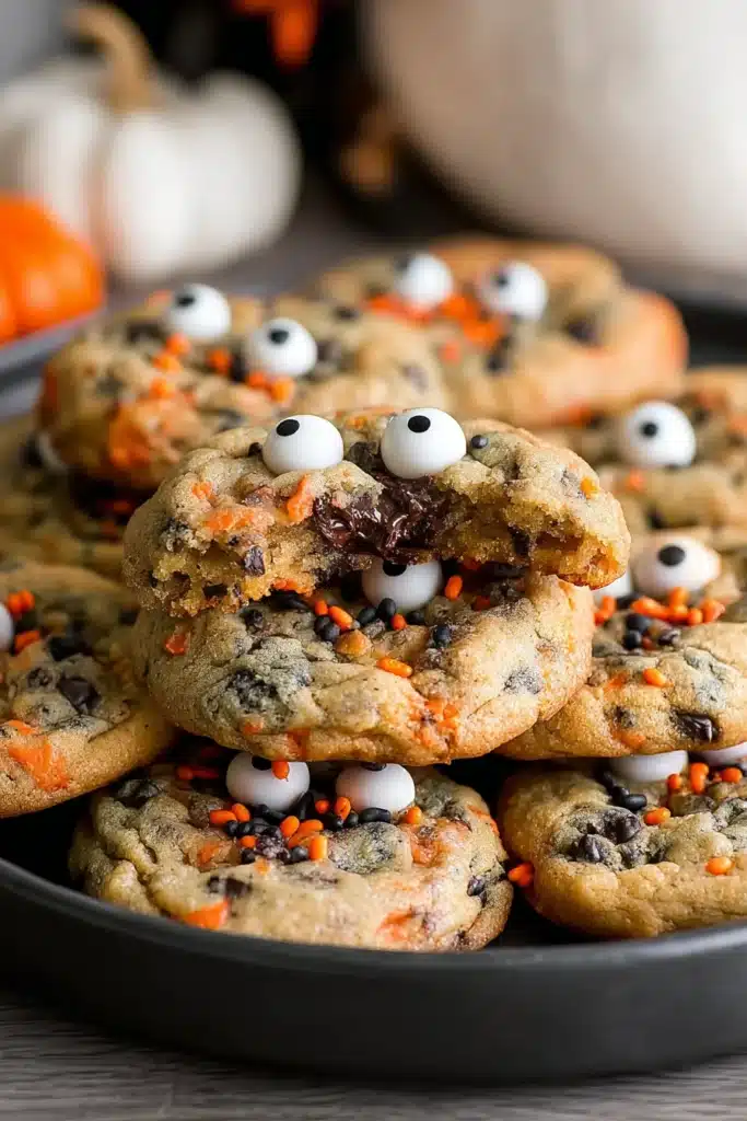 Easy Halloween Chocolate Chip Cookies – Fun & Chewy Delight 6 Easy Halloween chocolate chip cookies with melted centers and candy eyes on a black plate