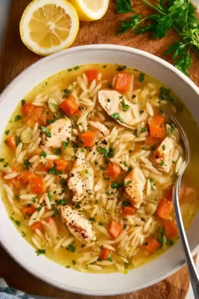 Bowl of lemon chicken orzo soup with chicken, carrots, and parsley