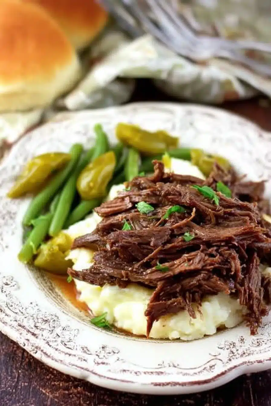 Easy Mississippi pot roast with butter and peperoncini peppers on a rustic wooden table