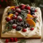 Easy Christmas cheesecake slab topped with berries, oranges, and rosemary on creamy no-bake base